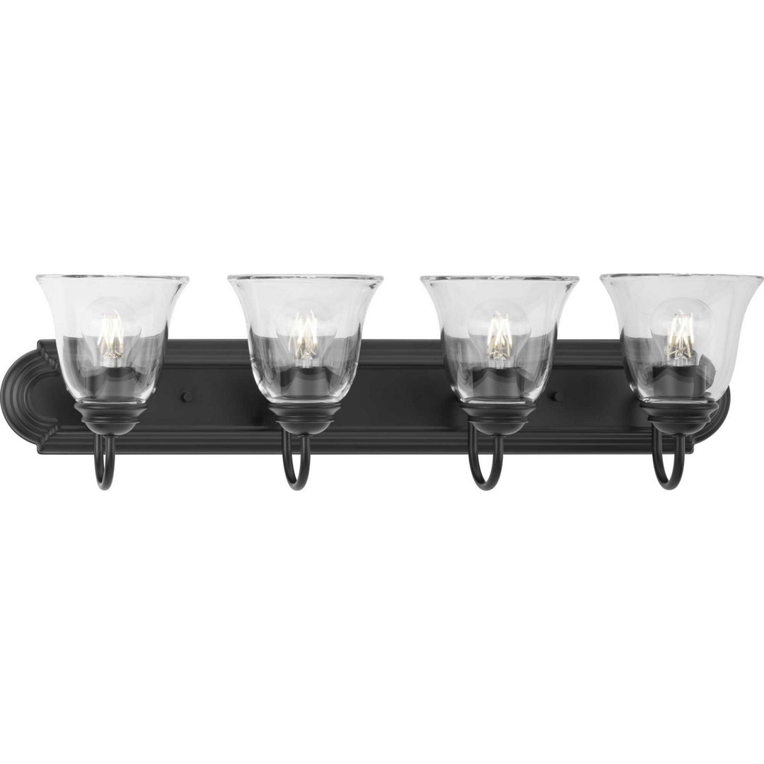 Clear Glass Four Light Bath and Vanity in Matte Black - available from The Lighting Shoppe, trusted by Canadian homeowners
