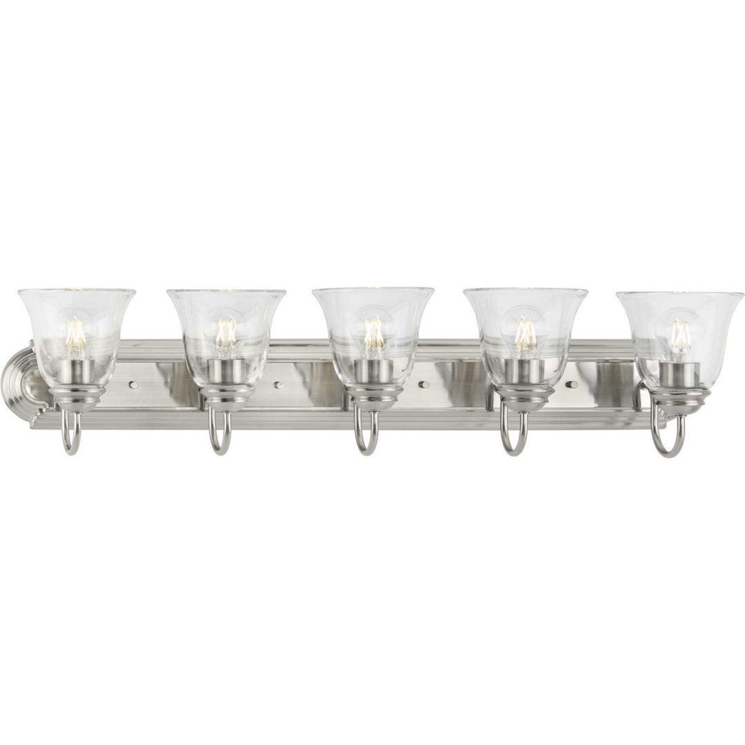 Clear Glass Five Light Bath and Vanity in Brushed Nickel - available from The Lighting Shoppe, trusted by Canadian homeowners