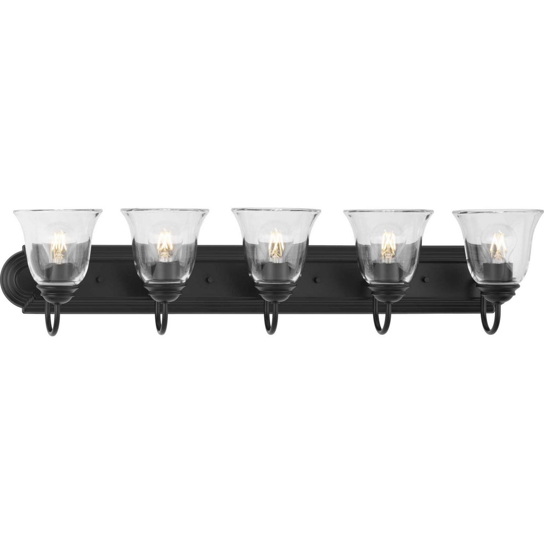 Clear Glass Five Light Bath and Vanity in Matte Black - available from The Lighting Shoppe, trusted by Canadian homeowners