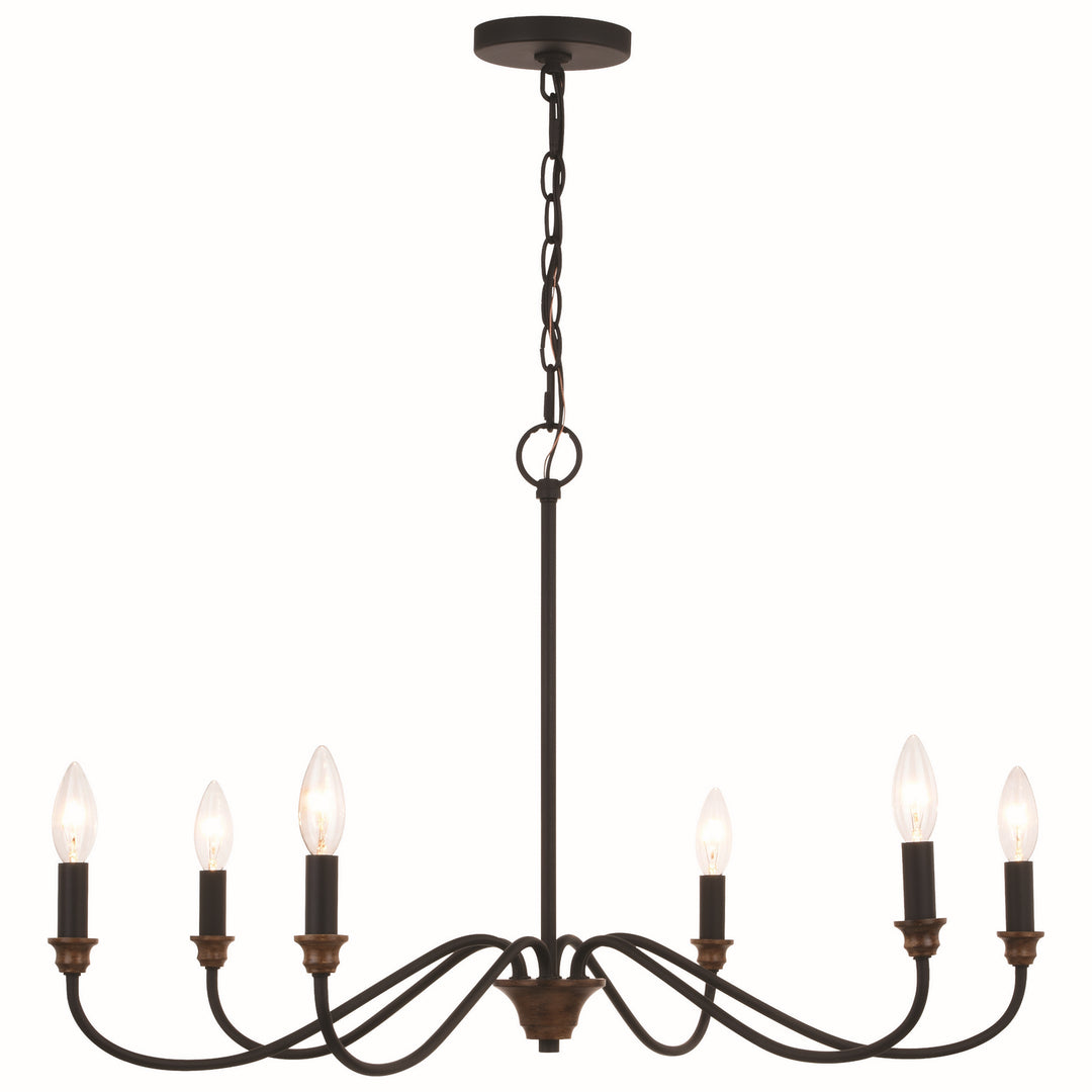 Annabelle Six Light Chandelier in Matte Black and Brushed Walnut