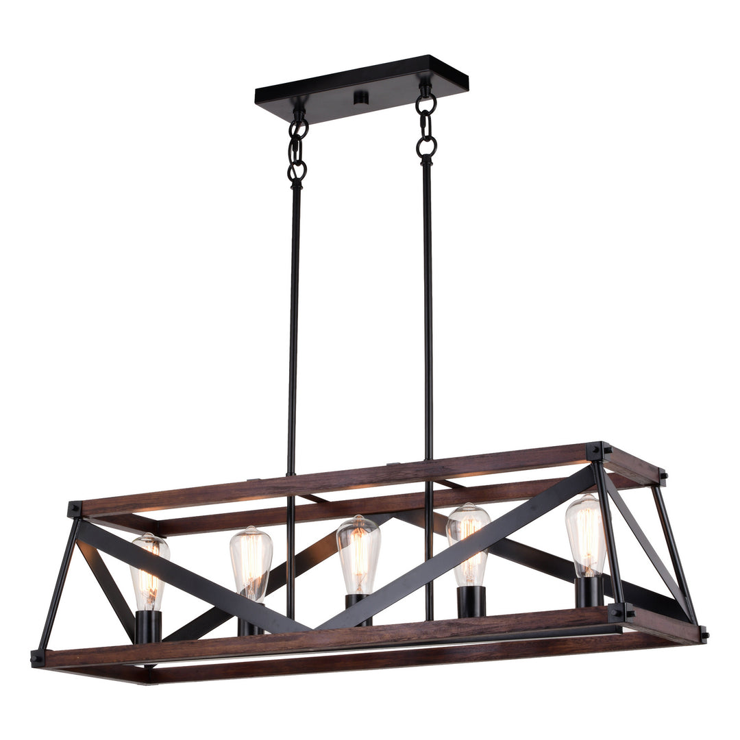 Wade Five Light Linear Chandelier in Matte Black and Sycamore