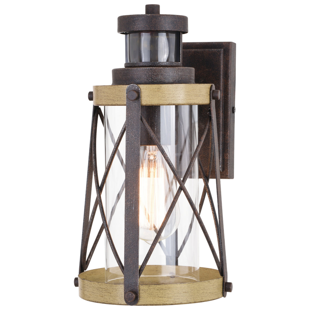 Harwood One Light Outdoor Motion Sensor Wall Light in Oxidized Iron and Burnished Elm