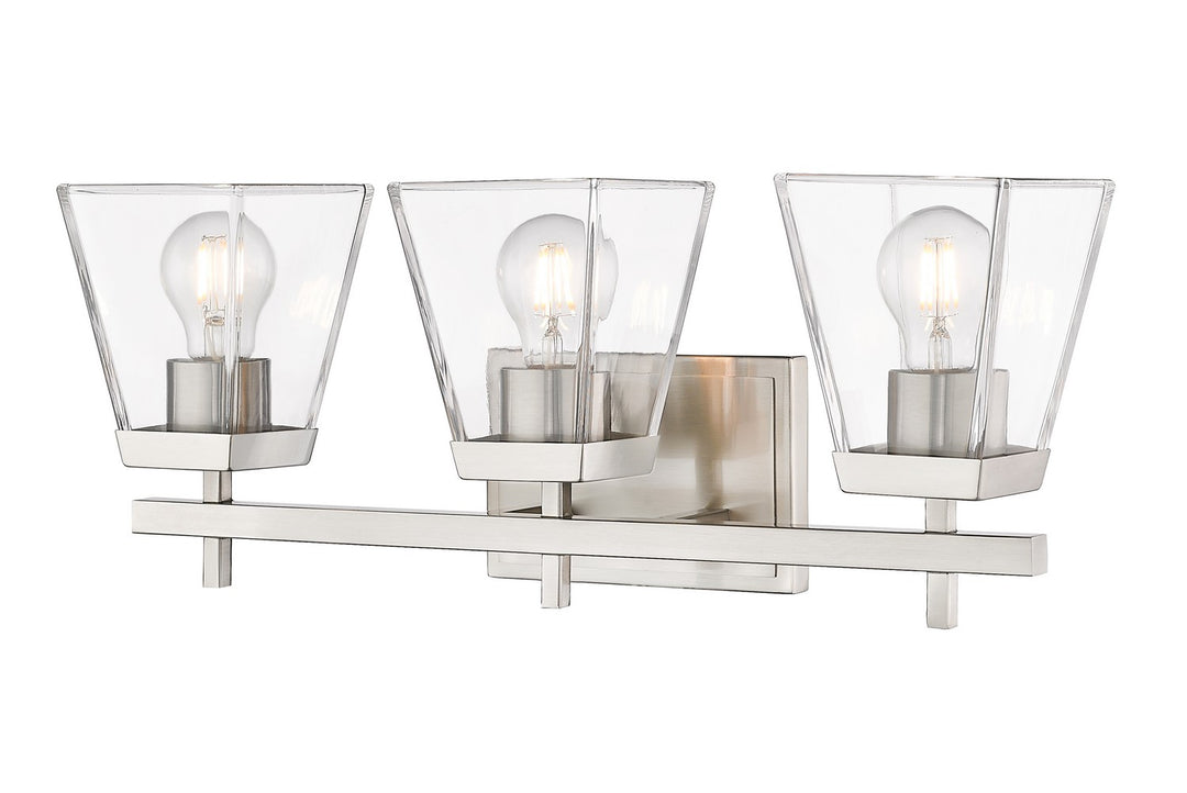Lauren Three Light Vanity in Brushed Nickel - available from The Lighting Shoppe, trusted by Canadian homeowners