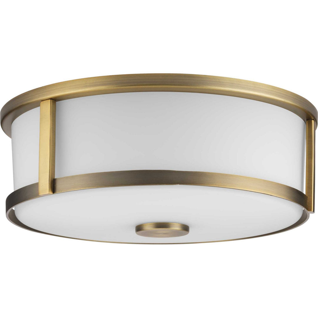 Gilliam Two Light Flush Mount in Vintage Brass - available from The Lighting Shoppe, trusted by Canadian homeowners