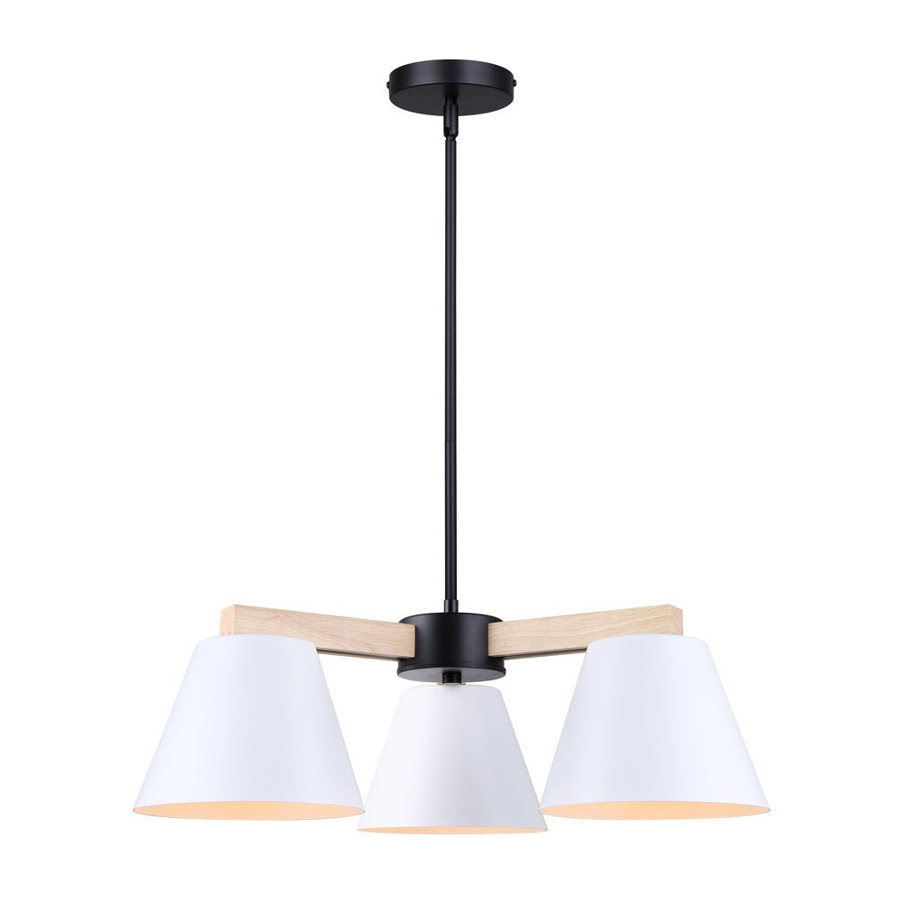 Harlyn Three Light Chandelier in Matte Black, Matte White, And Wood - available from The Lighting Shoppe, trusted by Canadian homeowners