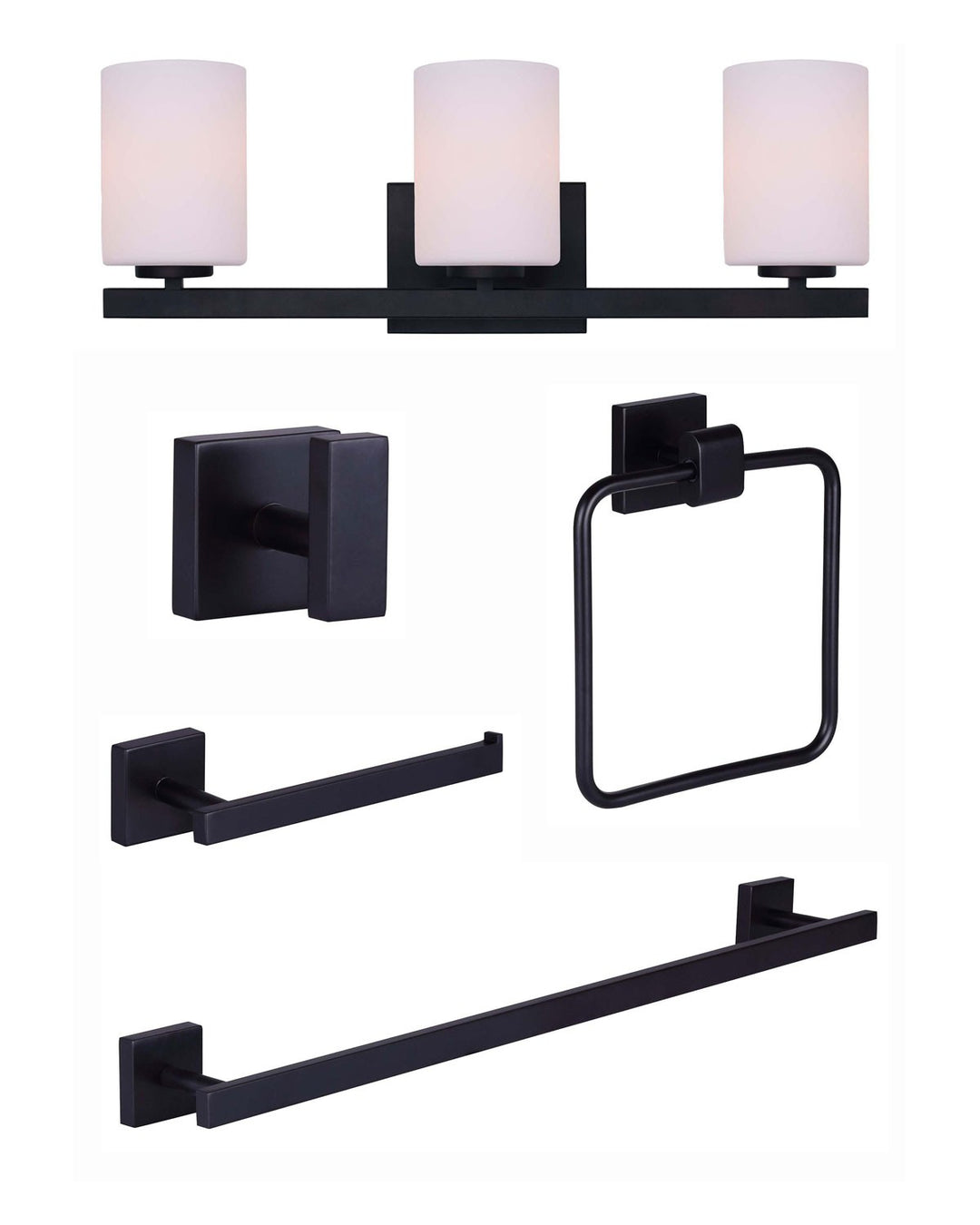 Jae Bath Accessories and Vanity Combo in Matte Black - available from The Lighting Shoppe, trusted by Canadian homeowners