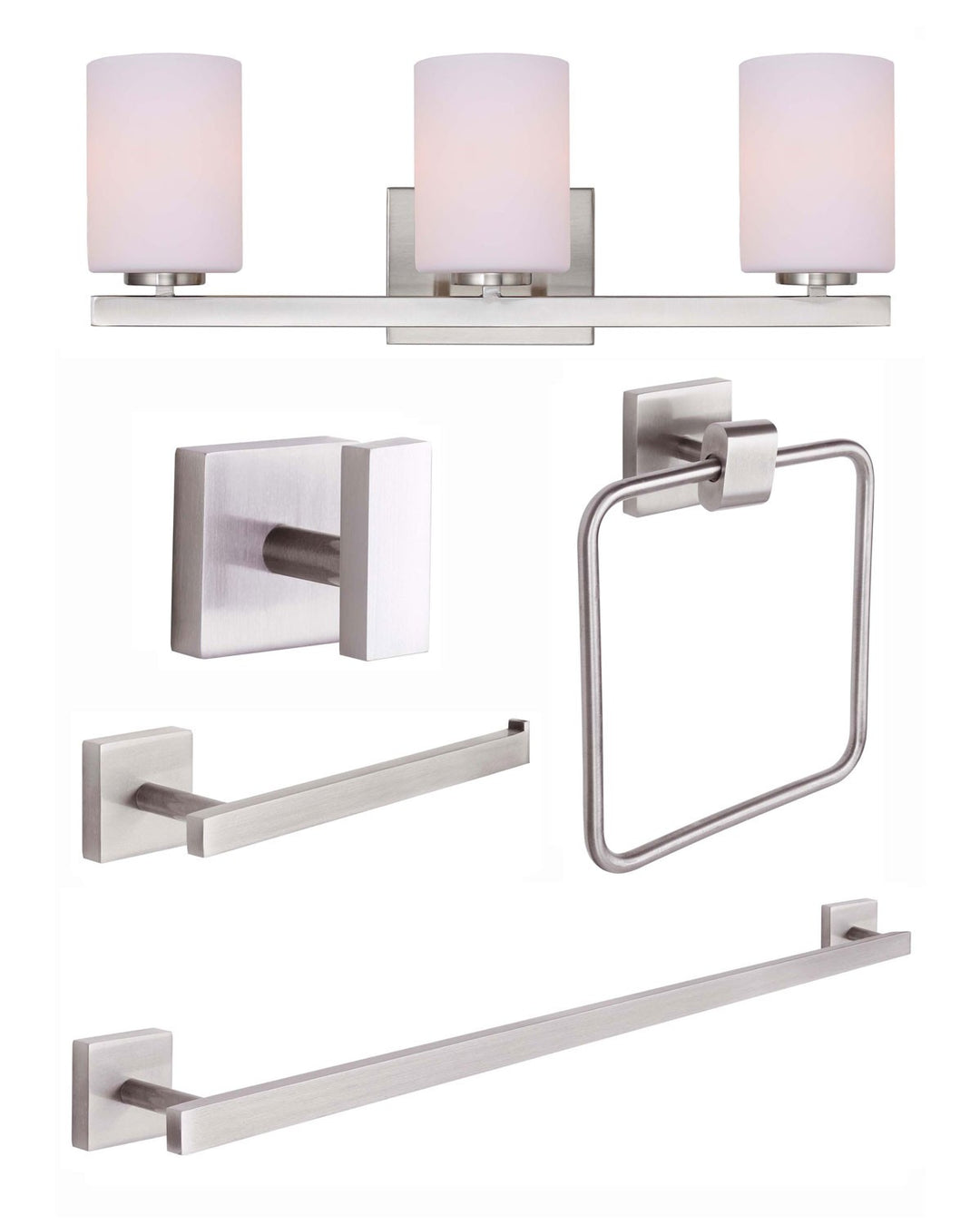 Jae Bath Accessories and Vanity Combo in Brushed Nickel - available from The Lighting Shoppe, trusted by Canadian homeowners