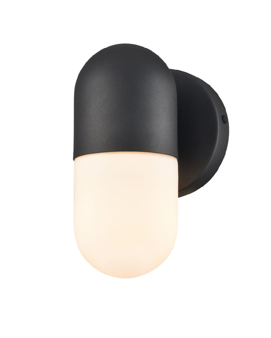 Capsule Outdoor One Light Wall Sconce in Black w/Half Opal Glass - available from The Lighting Shoppe, trusted by Canadian homeowners