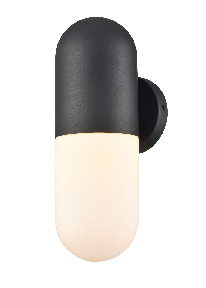 Capsule Outdoor One Light Wall Sconce in Black w/Half Opal Glass - available from The Lighting Shoppe, trusted by Canadian homeowners