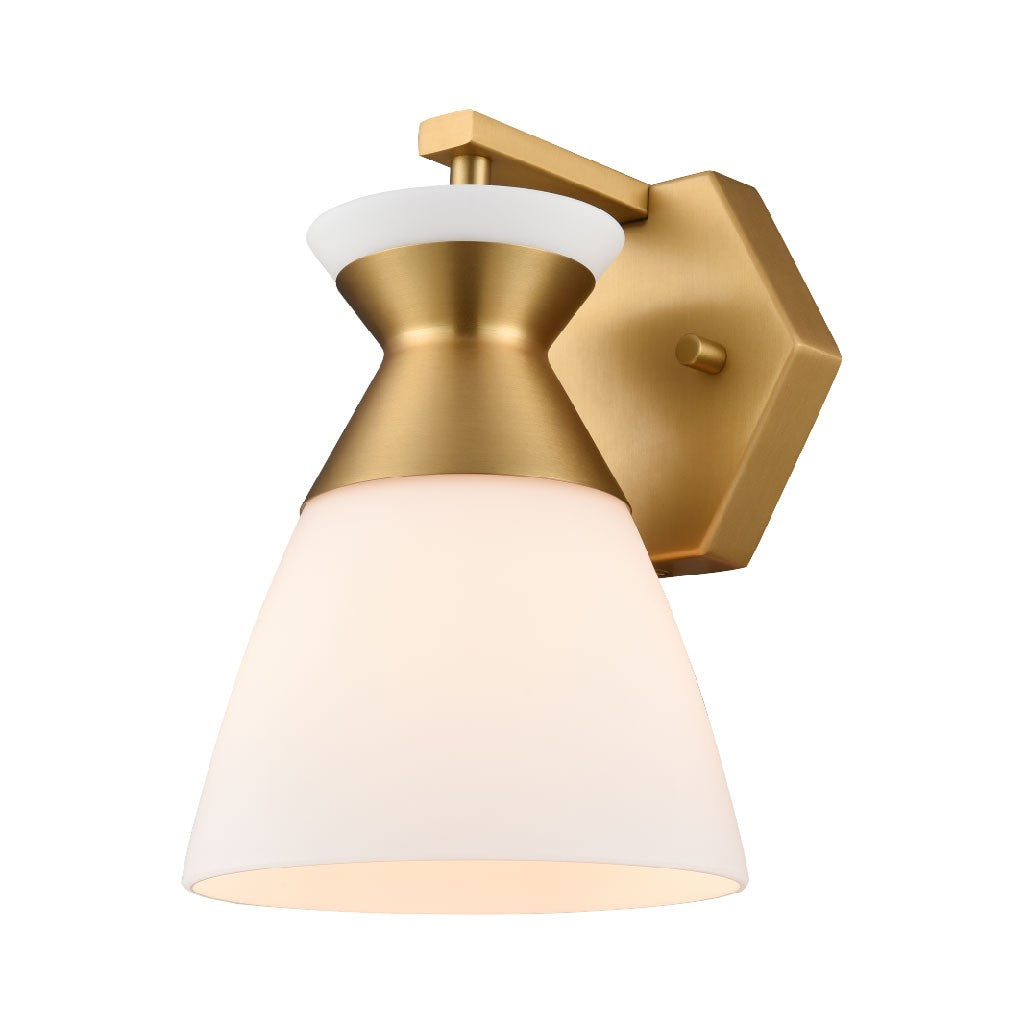 Sunnybrook Two Light Vanity in Brass w/Half Opal Glass - available from The Lighting Shoppe, trusted by Canadian homeowners