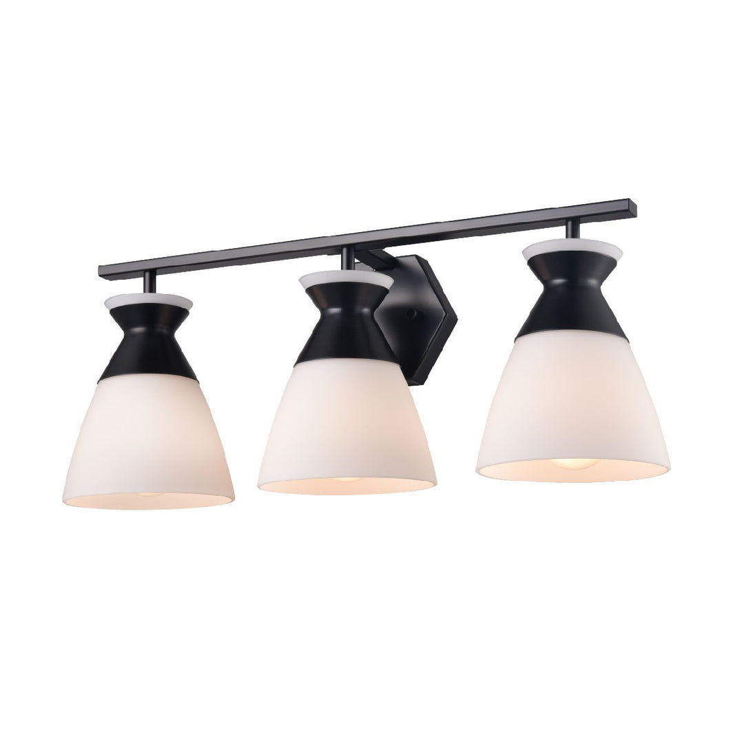 Sunnybrook Three Light Vanity in Ebony w/Half Opal Glass - available from The Lighting Shoppe, trusted by Canadian homeowners