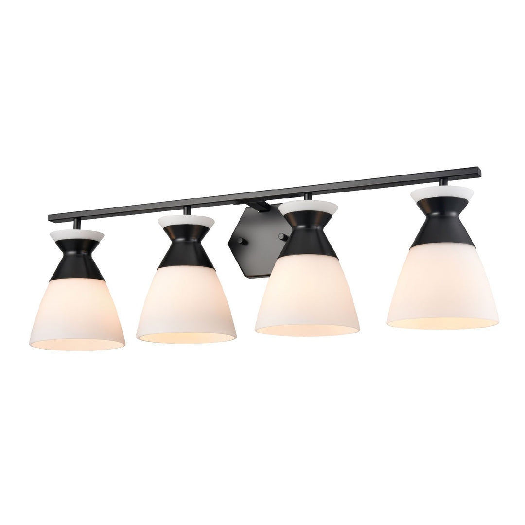 Sunnybrook Four Light Vanity in Ebony w/Half Opal Glass - available from The Lighting Shoppe, trusted by Canadian homeowners