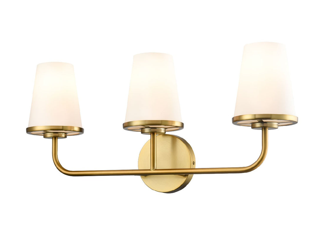 Kanata Three Light Vanity in Brass w/Half Opal Glass - available from The Lighting Shoppe, trusted by Canadian homeowners