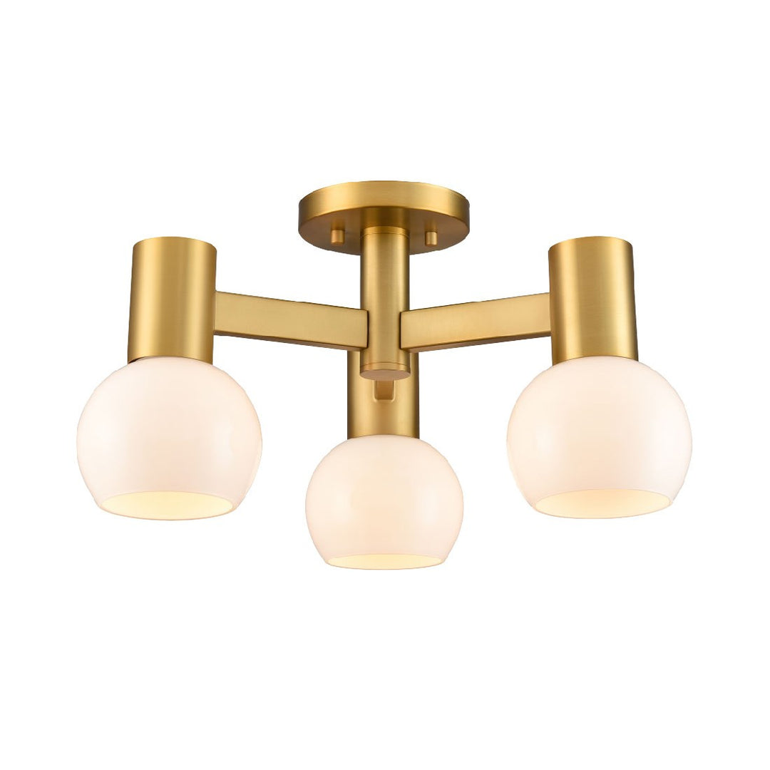 Lillooet Three Light Semi-Flush Mount in Brass w/True Opal Glass - available from The Lighting Shoppe, trusted by Canadian homeowners