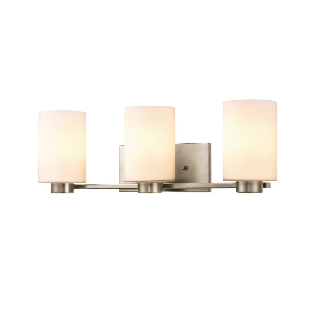 Manitou Three Light Vanity in Buffed Nickel With Half Opal Glass - available from The Lighting Shoppe, trusted by Canadian homeowners