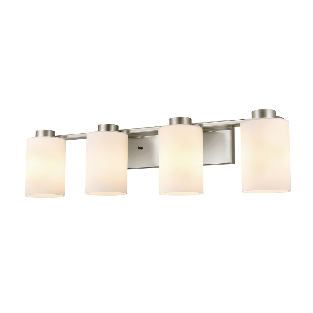 Manitou Four Light Vanity in Buffed Nickel With Half Opal Glass - available from The Lighting Shoppe, trusted by Canadian homeowners