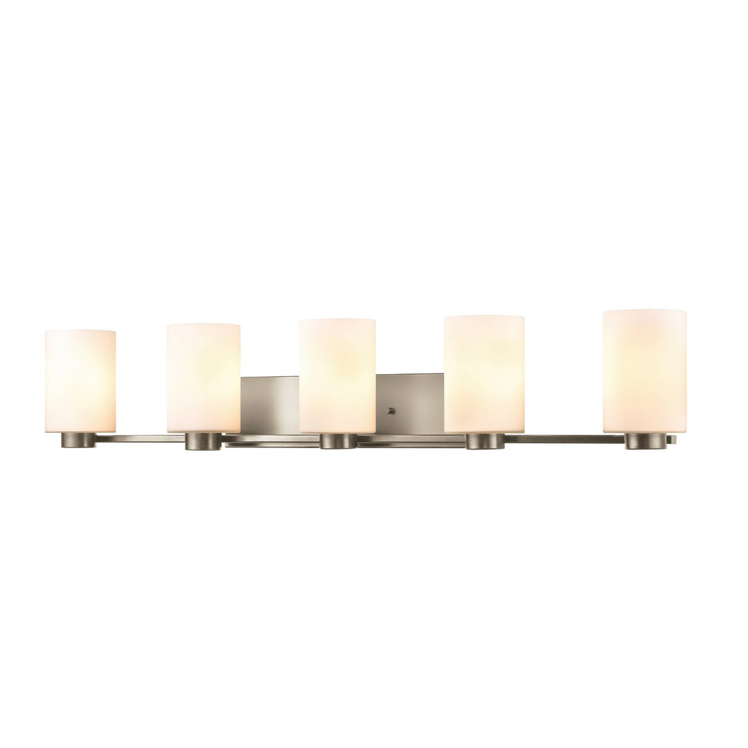 Manitou Five Light Vanity in Buffed Nickel With Half Opal Glass - available from The Lighting Shoppe, trusted by Canadian homeowners