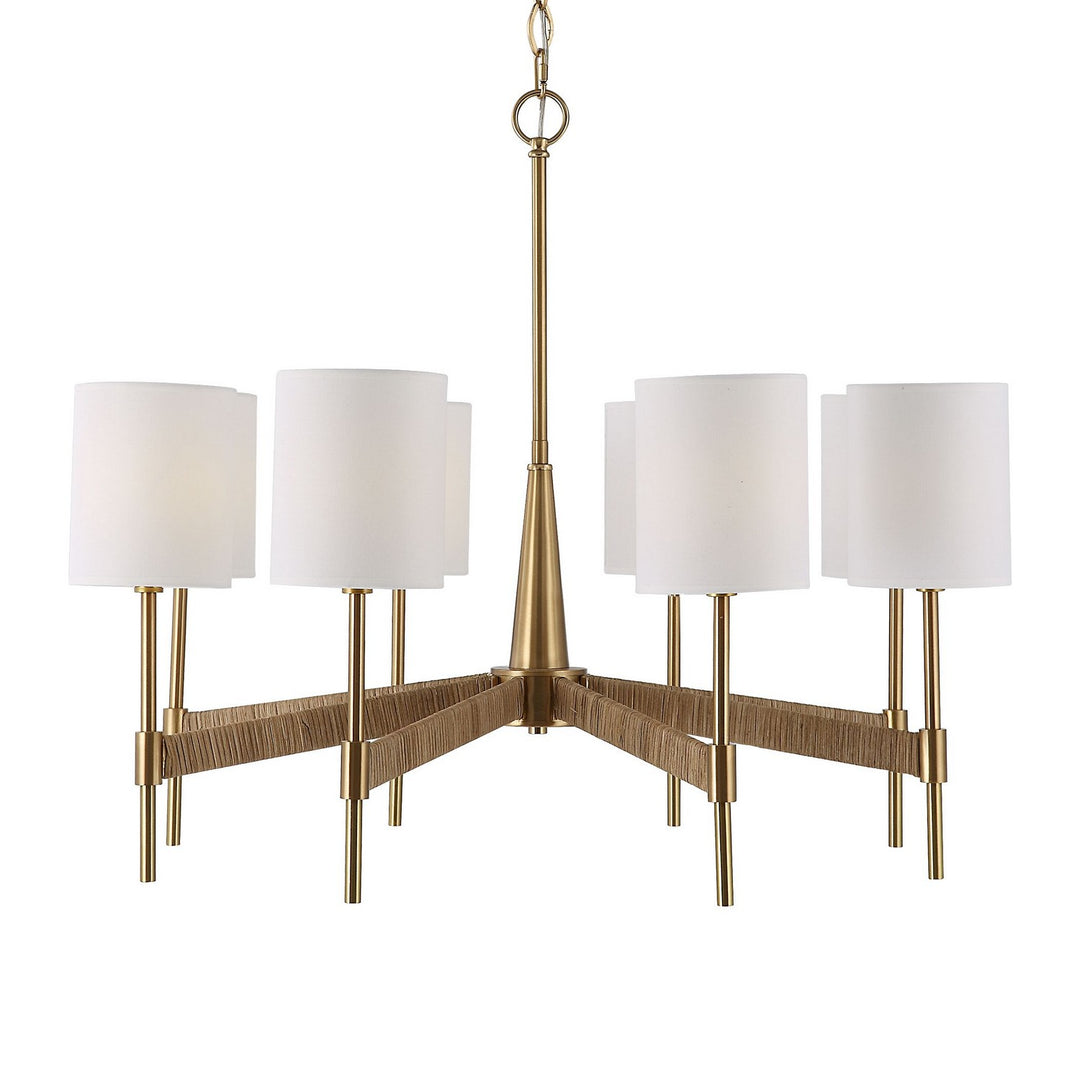 Lautoka Eight Light Chandelier in Warm Brass With Rattan Wrap - available from The Lighting Shoppe, trusted by Canadian homeowners