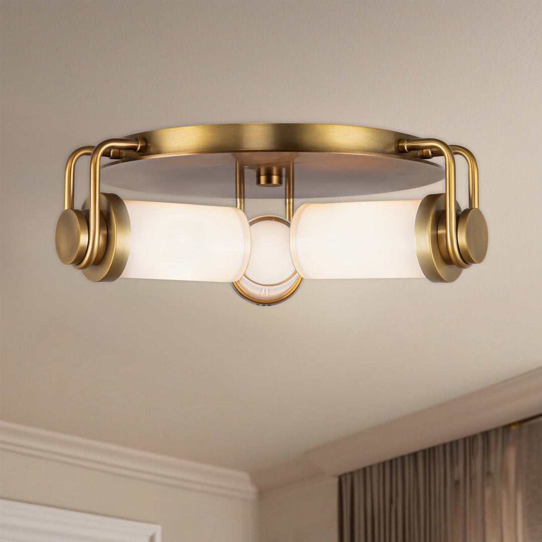 Alora Canada - FM355317VBGO - Three Light Flush Mount - Wynwood - Vintage Brass/Glossy Opal