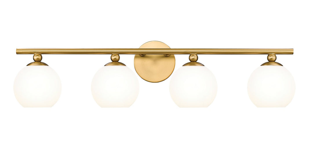Neoma Four Light Vanity in Modern Gold - available from The Lighting Shoppe, trusted by Canadian homeowners