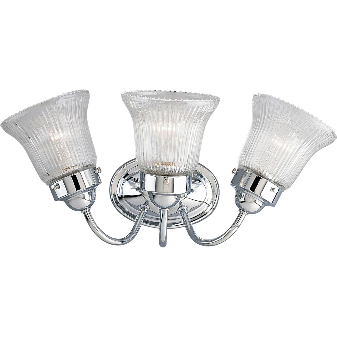 Fluted Glass-Clear Three Light Bath Bracket in Polished Chrome - available from The Lighting Shoppe, trusted by Canadian homeowners