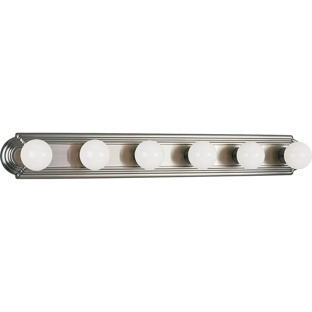 Broadway-Racetrack Six Light Bath Vanity in Brushed Nickel - available from The Lighting Shoppe, trusted by Canadian homeowners