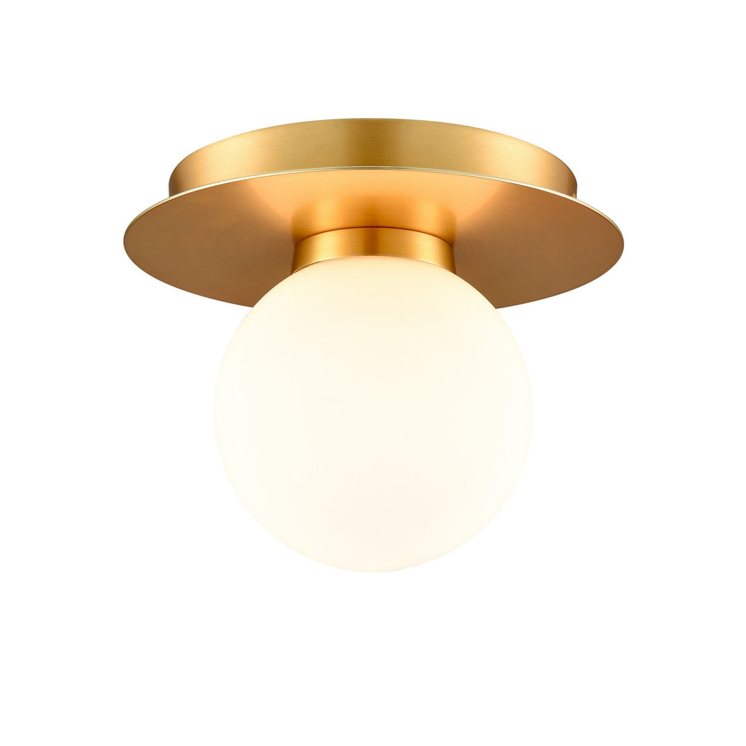 Atwood One Light Flush Mount in Brass w/Half Opal Glass - available from The Lighting Shoppe, trusted by Canadian homeowners