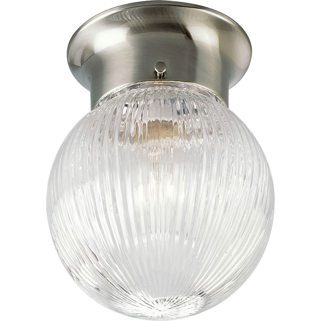 Globe - Clear Ribbed One Light Flush Mount in Brushed Nickel - available from The Lighting Shoppe, trusted by Canadian homeowners