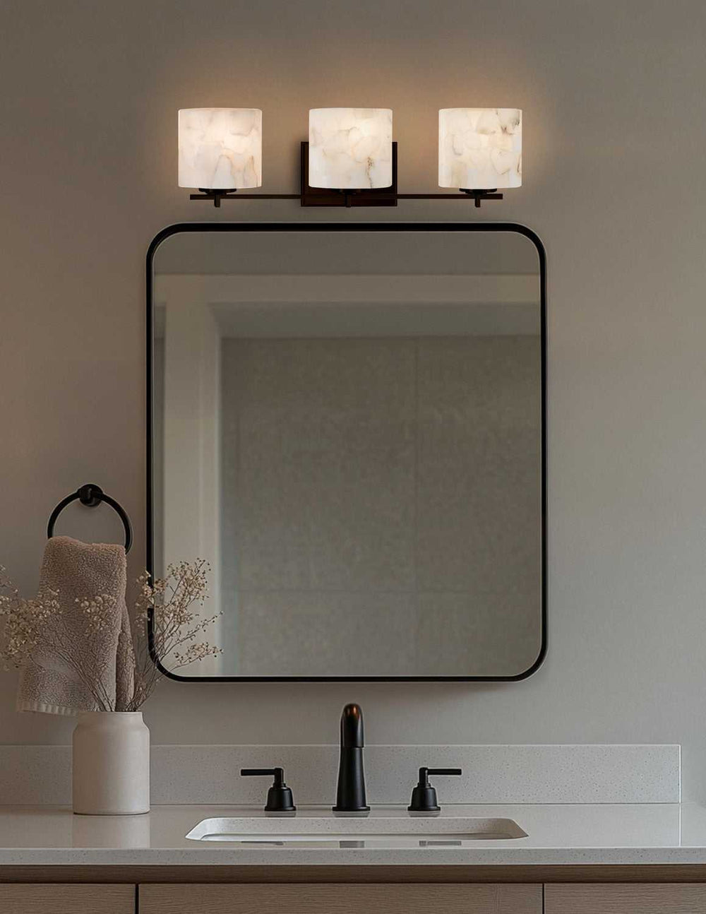 Alabaster Rocks Three Light Bath Bar in Dark Bronze Justice Designs