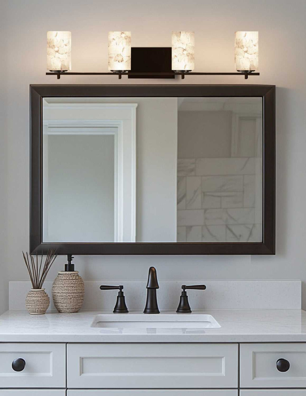 Alabaster Rocks Four Light Bath Bar in Dark Bronze Justice Designs
