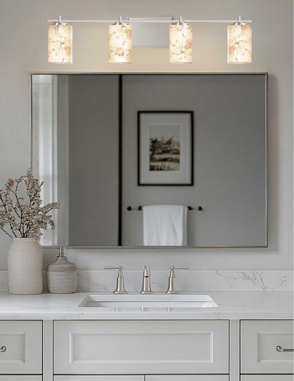 Alabaster Rocks Four Light Bath Bar in Brushed Nickel Justice Designs