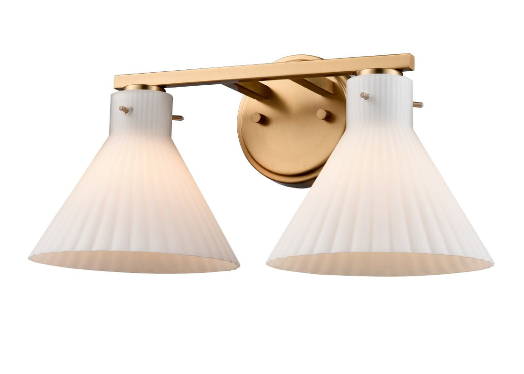 Dorset Two Light Vanity in Brass w/Ribbed Opal Glass - available from The Lighting Shoppe, trusted by Canadian homeowners
