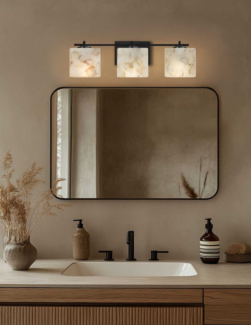 Alabaster Rocks Three Light Bath Bar in Matte Black Justice Designs