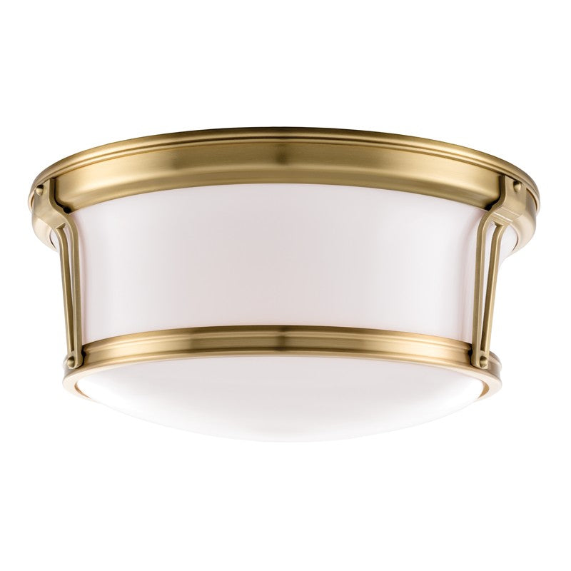 Newport Three Light Flush Mount in Aged Brass - available from The Lighting Shoppe, trusted by Canadian homeowners