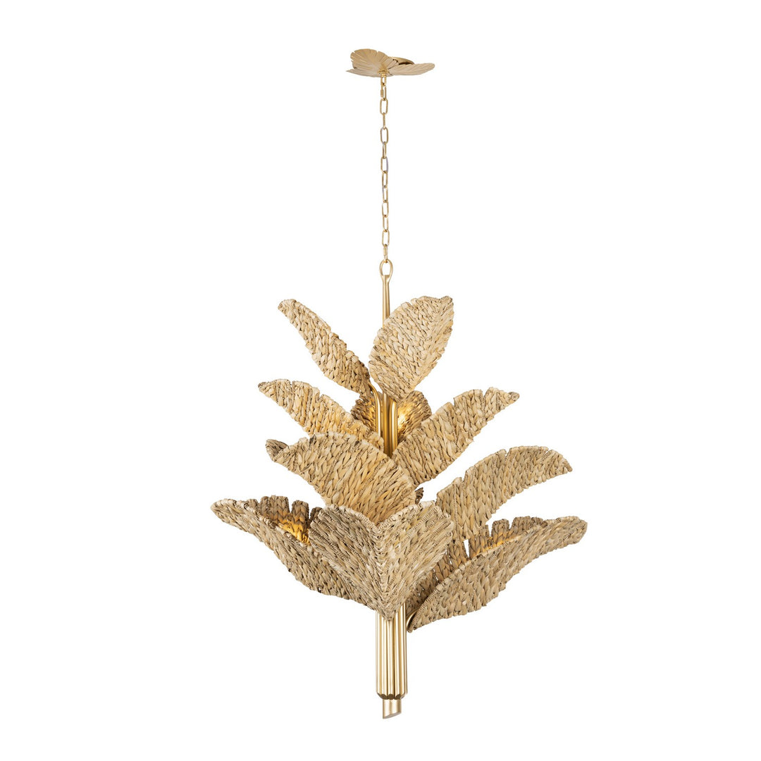 Banana Leaf 12 Light Chandelier in French Gold/Natural Seagrass - available from The Lighting Shoppe, trusted by Canadian homeowners