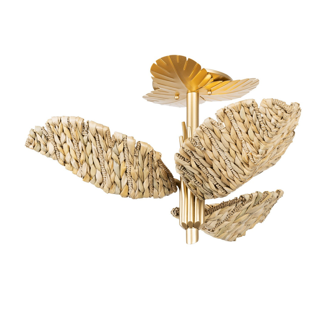 Banana Leaf Three Light Semi-Flush Mount in French Gold/Natural Seagrass - available from The Lighting Shoppe, trusted by Canadian homeowners