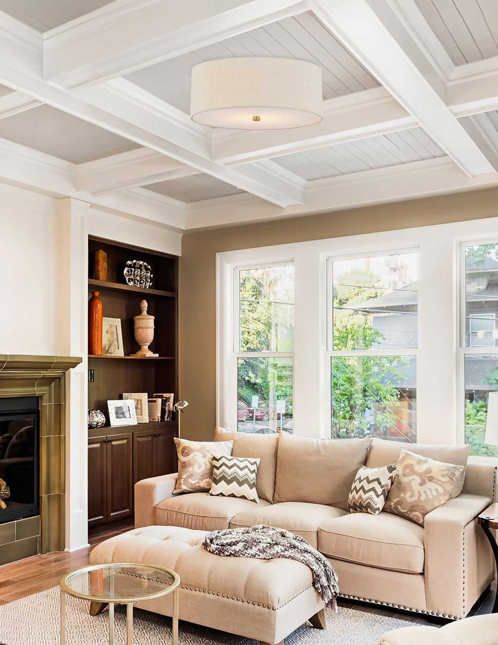 Textile Four Light Flush-Mount in Brushed Brass Justice Designs