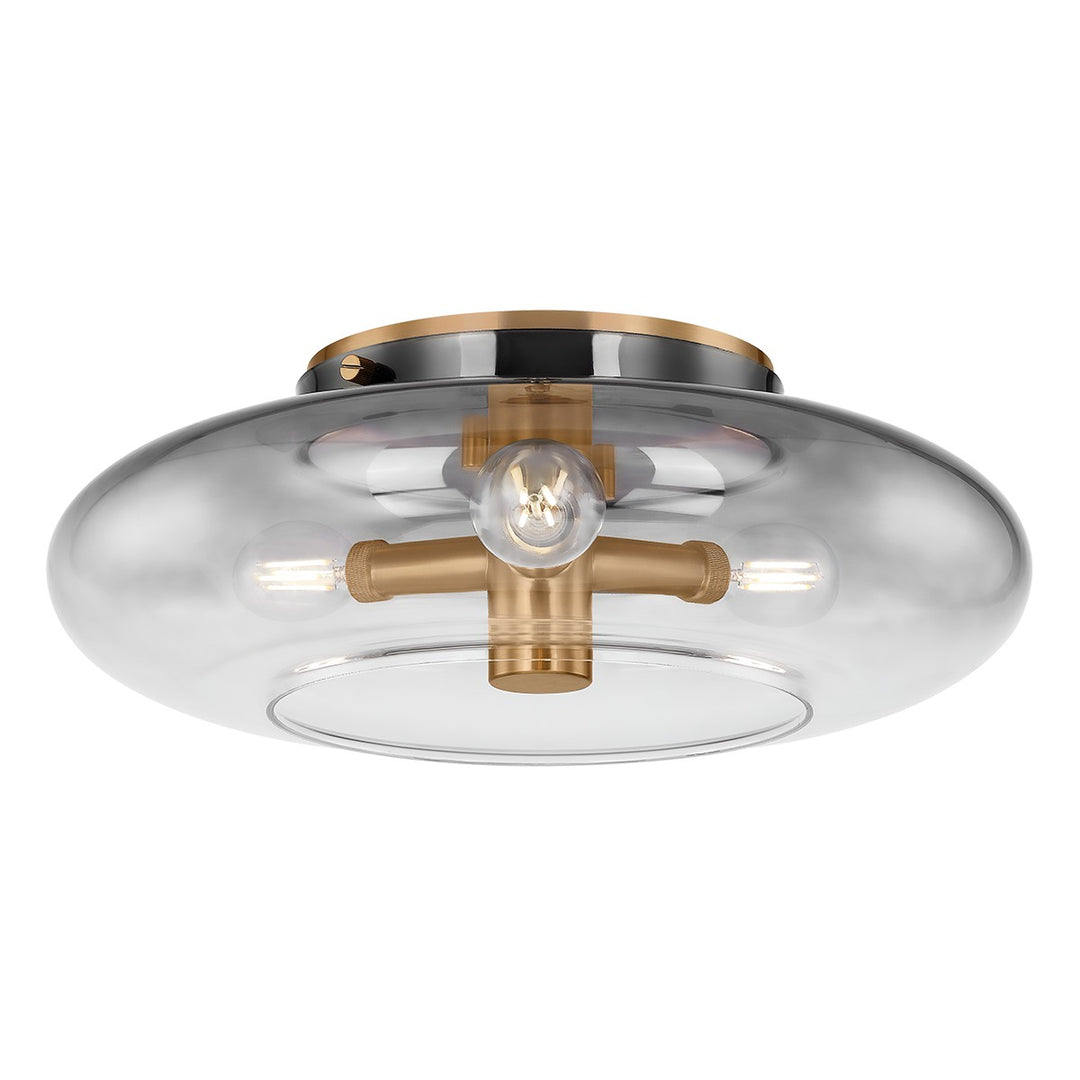 Gunner Three Light Flush Mount in Patina Brass - available from The Lighting Shoppe, trusted by Canadian homeowners