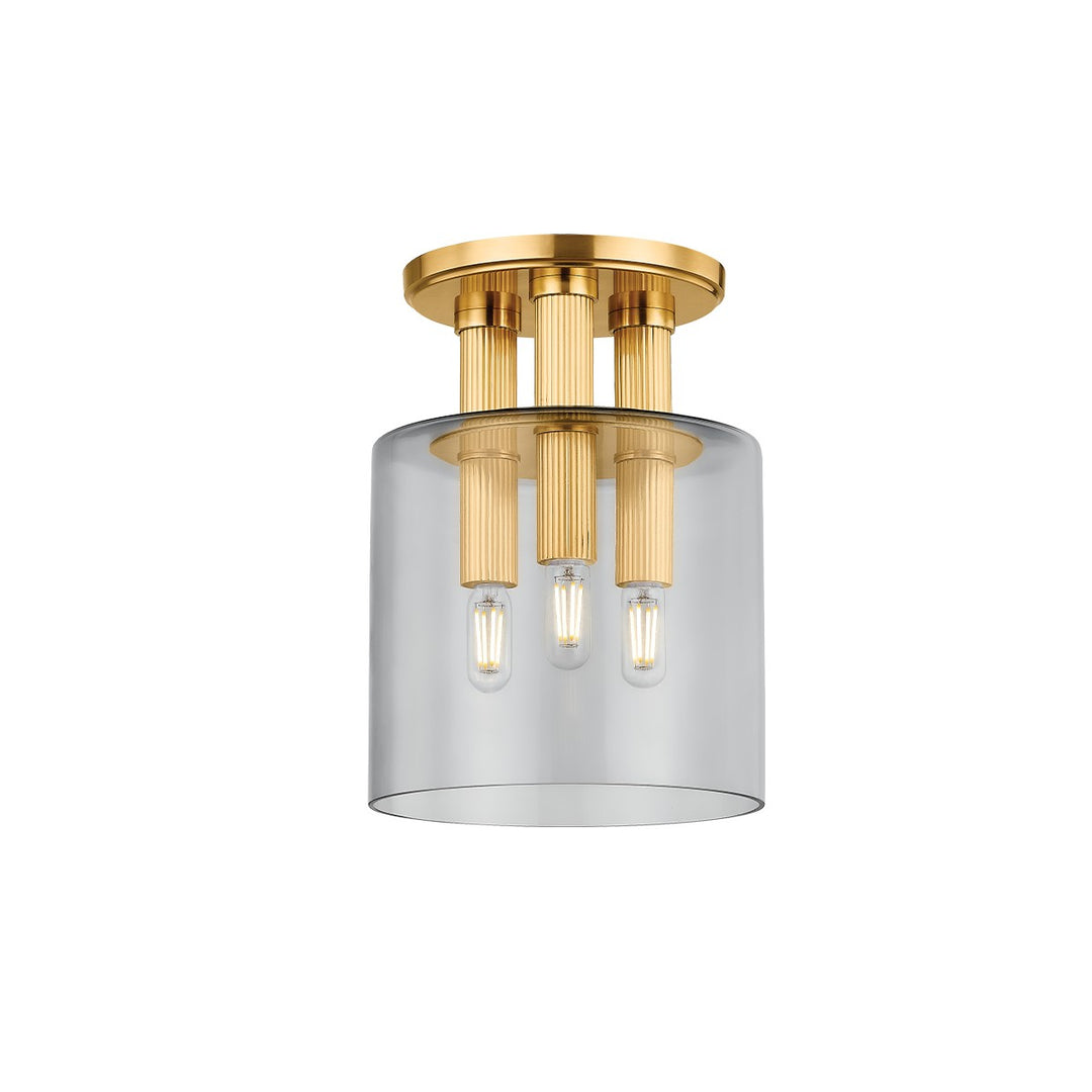 Crystler Three Light Flush Mount in Aged Brass - available from The Lighting Shoppe, trusted by Canadian homeowners