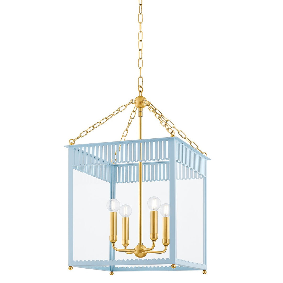 Rosalie Four Light Lantern in Aged Brass/Soft Arctic Blue - available from The Lighting Shoppe, trusted by Canadian homeowners