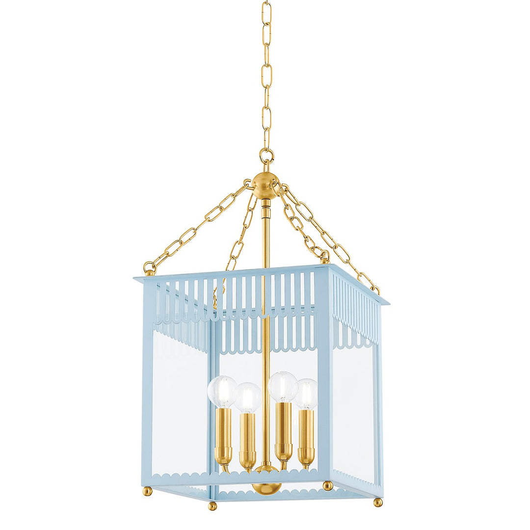 Rosalie Four Light Lantern in Aged Brass/Soft Arctic Blue - available from The Lighting Shoppe, trusted by Canadian homeowners