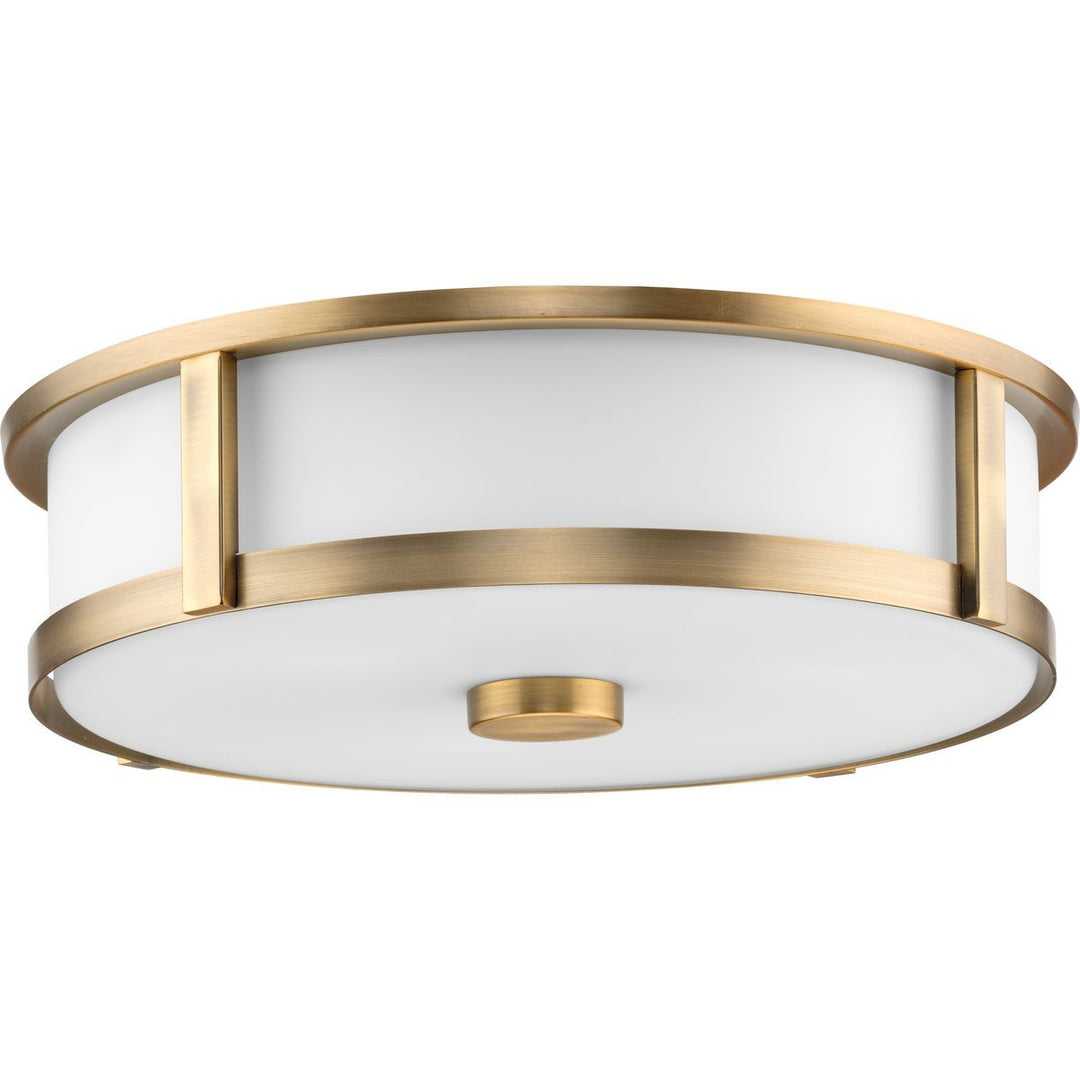 Gilliam Three Light Flushmount in Vintage Brass - available from The Lighting Shoppe, trusted by Canadian homeowners