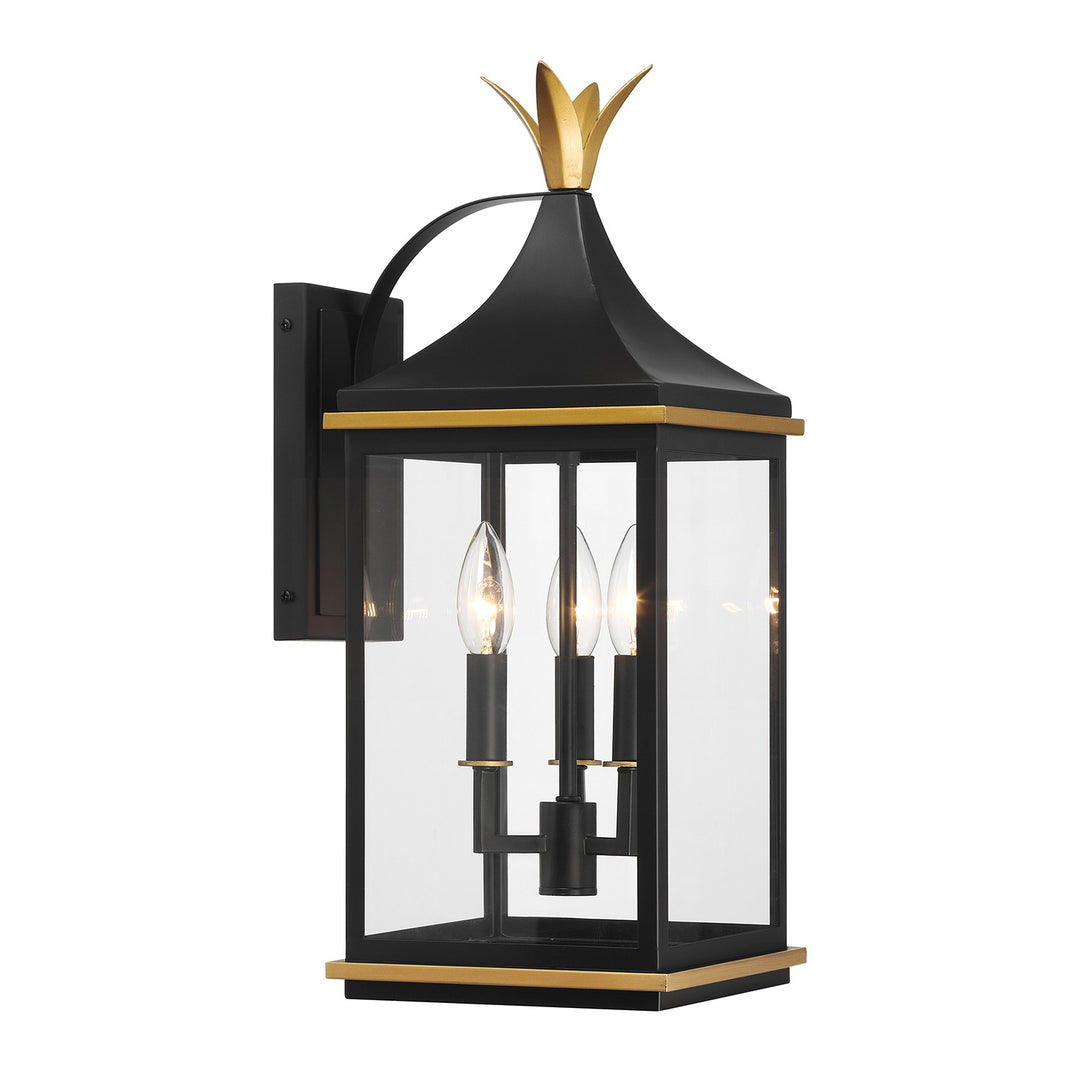 Simpson Three Light Outdoor Wall Sconce in Matte Black + Textured Gold - available from The Lighting Shoppe, trusted by Canadian homeowners
