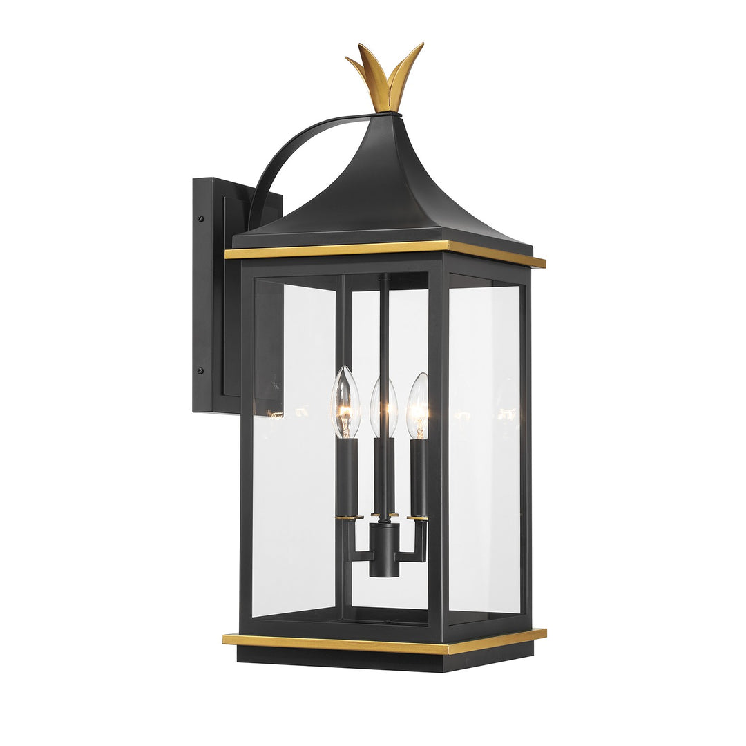 Simpson Three Light Outdoor Wall Sconce in Matte Black + Textured Gold - available from The Lighting Shoppe, trusted by Canadian homeowners