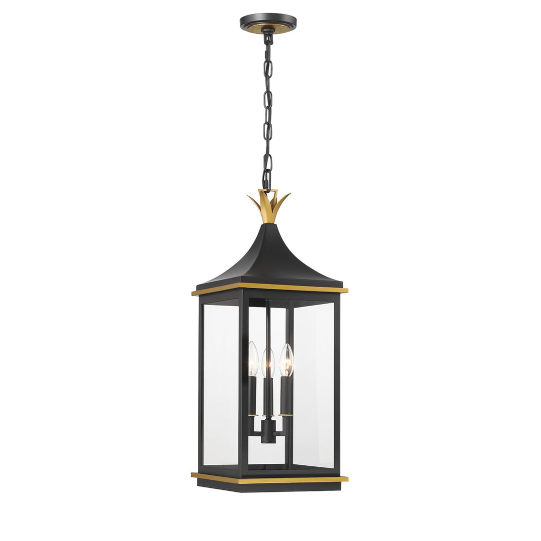 Simpson Three Light Outdoor Pendant in Matte Black + Textured Gold - available from The Lighting Shoppe, trusted by Canadian homeowners