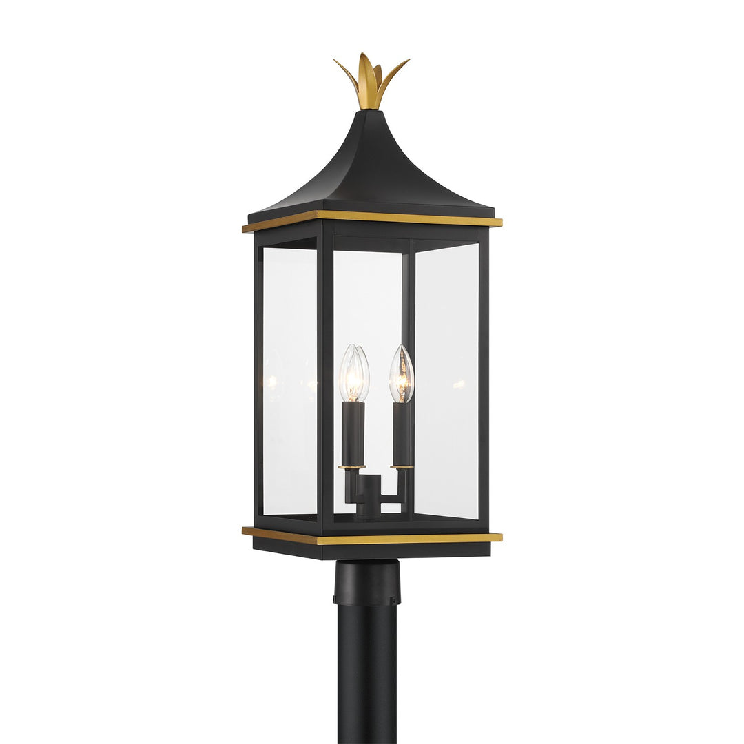 Simpson Three Light Outdoor Post Mount in Matte Black + Textured Gold - available from The Lighting Shoppe, trusted by Canadian homeowners