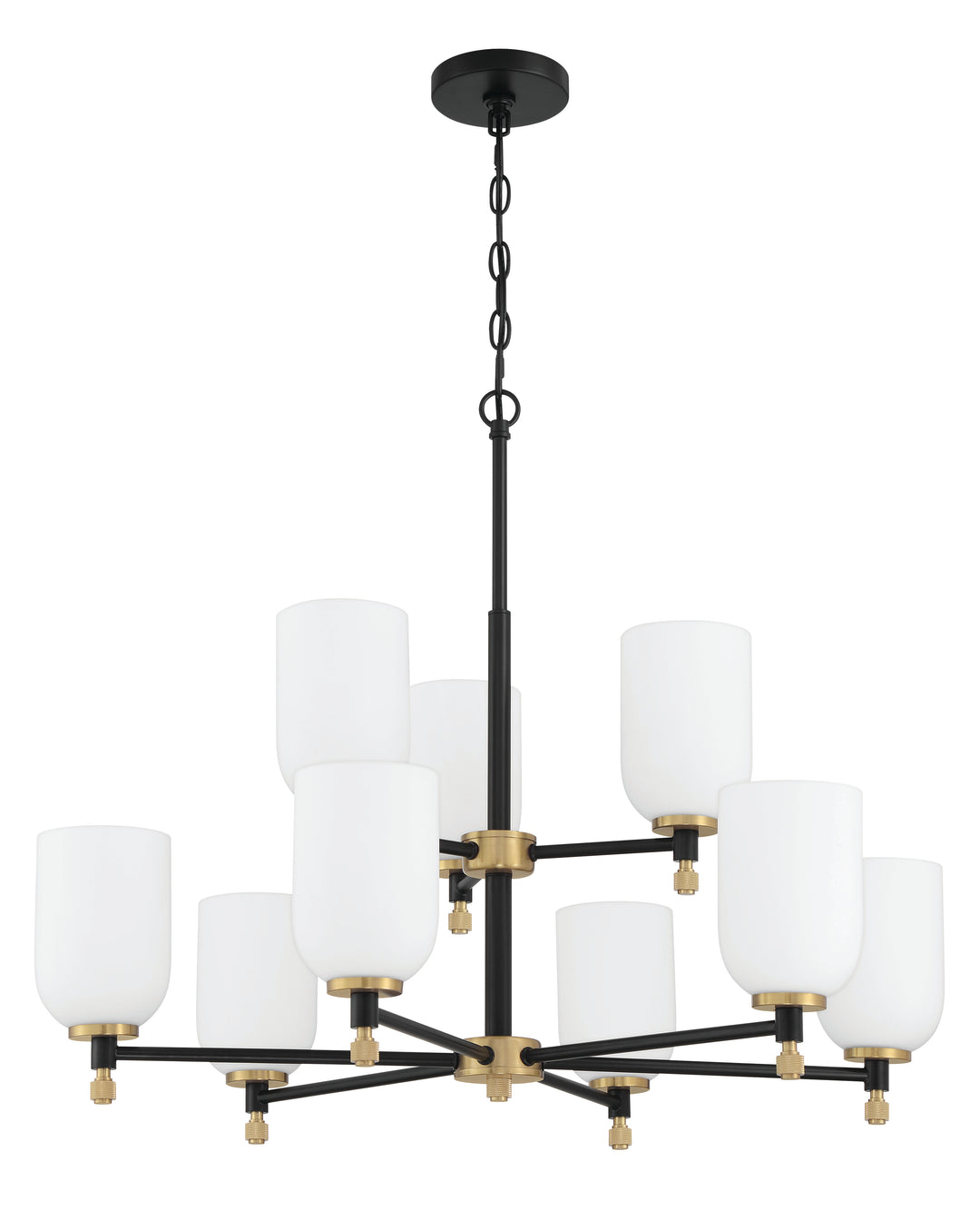 Council Nine Light Chandelier in Flat Black/Satin Brass - available from The Lighting Shoppe, trusted by Canadian homeowners