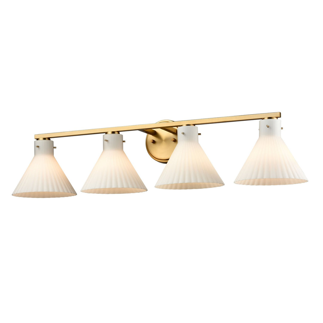 Dorset Four Light Vanity in Brass w/Ribbed Opal Glass - available from The Lighting Shoppe, trusted by Canadian homeowners