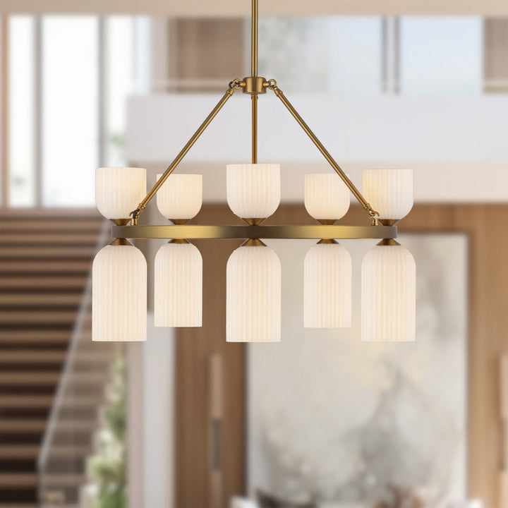 Alora Canada - CH442626BGGR - Ten Light Chandelier - Nelly - Brushed Gold/Glossy Ribbed Opal Glass