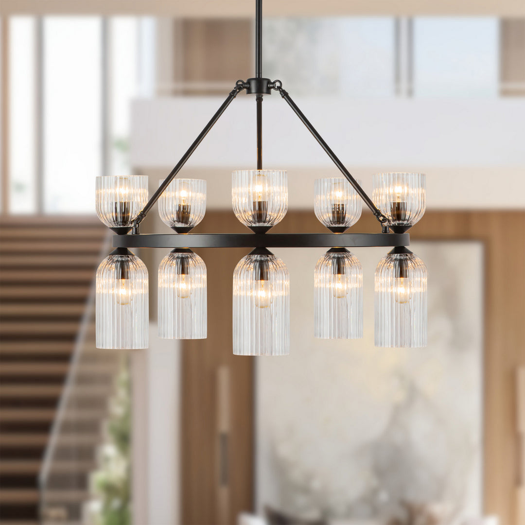 Alora Canada - CH442626MBCR - Ten Light Chandelier - Nelly - Matte Black/Clear Ribbed Glass